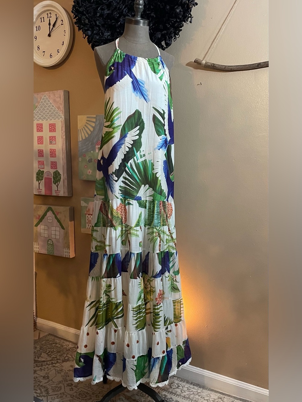 FARM Rio White Maxi Dress with Blue & Green Tropical Print
